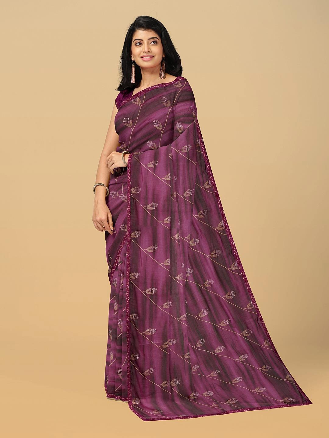 Kalamandir Floral Printed Beads and Stones Saree, Purple