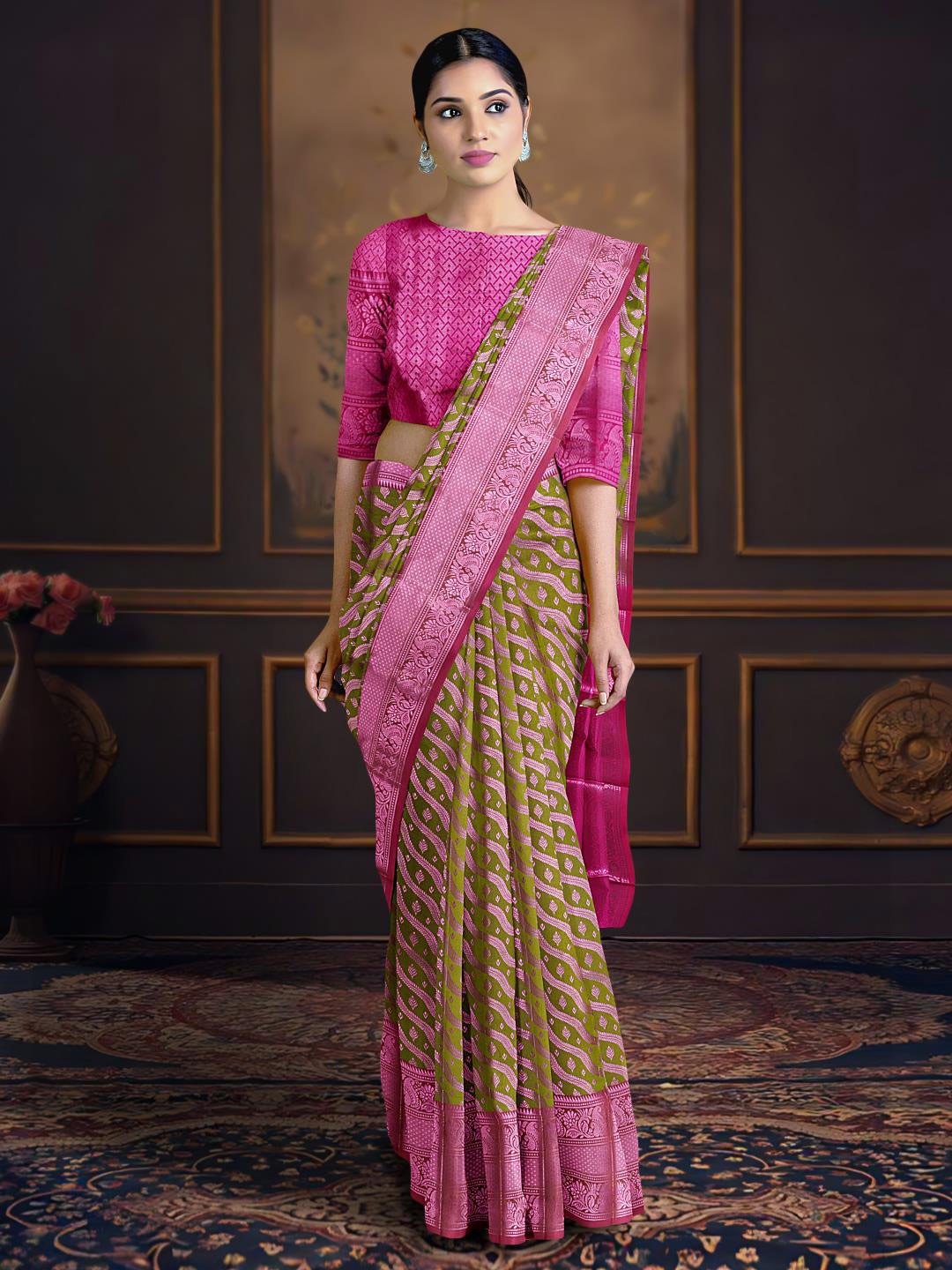 

Kalamandir Woven Design Zari Saree, Olive