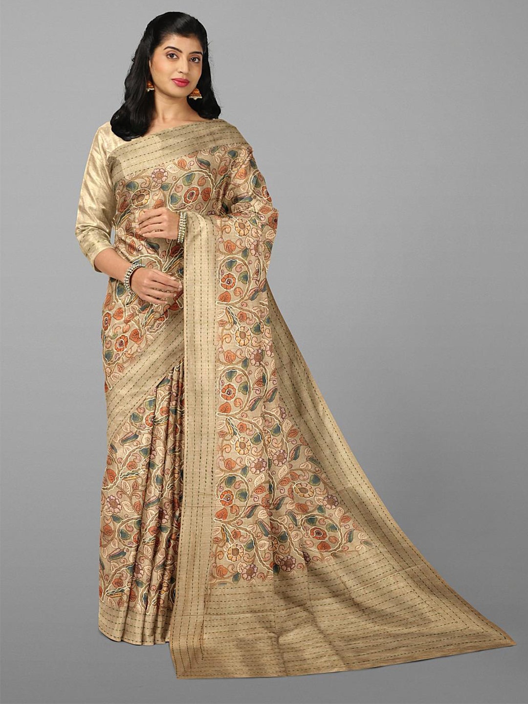 

Kalamandir Kalamkari Printed Embroidered Saree, Brown