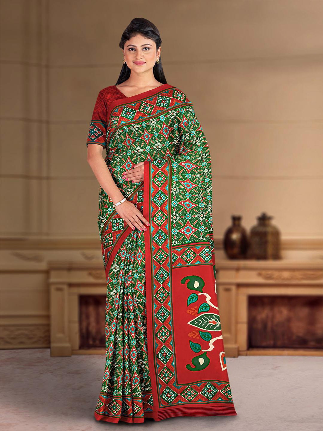 

Kalamandir Ethnic Motifs Printed Patola Saree, Green