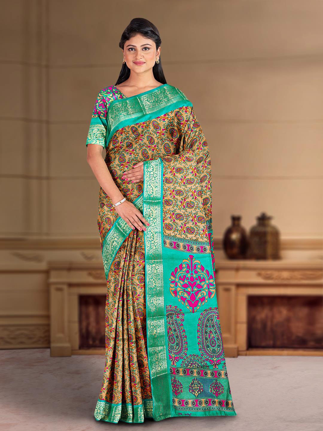 

Kalamandir Paisley Printed Zari Saree, Beige