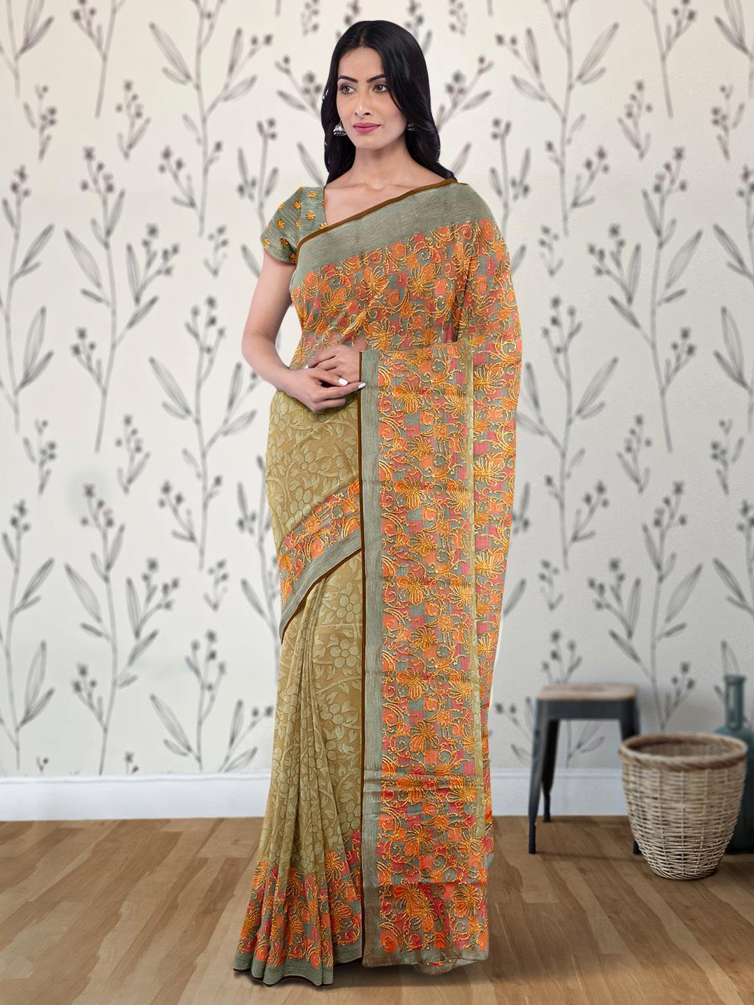 

Kalamandir Floral Woven Design Brasso Saree, Brown
