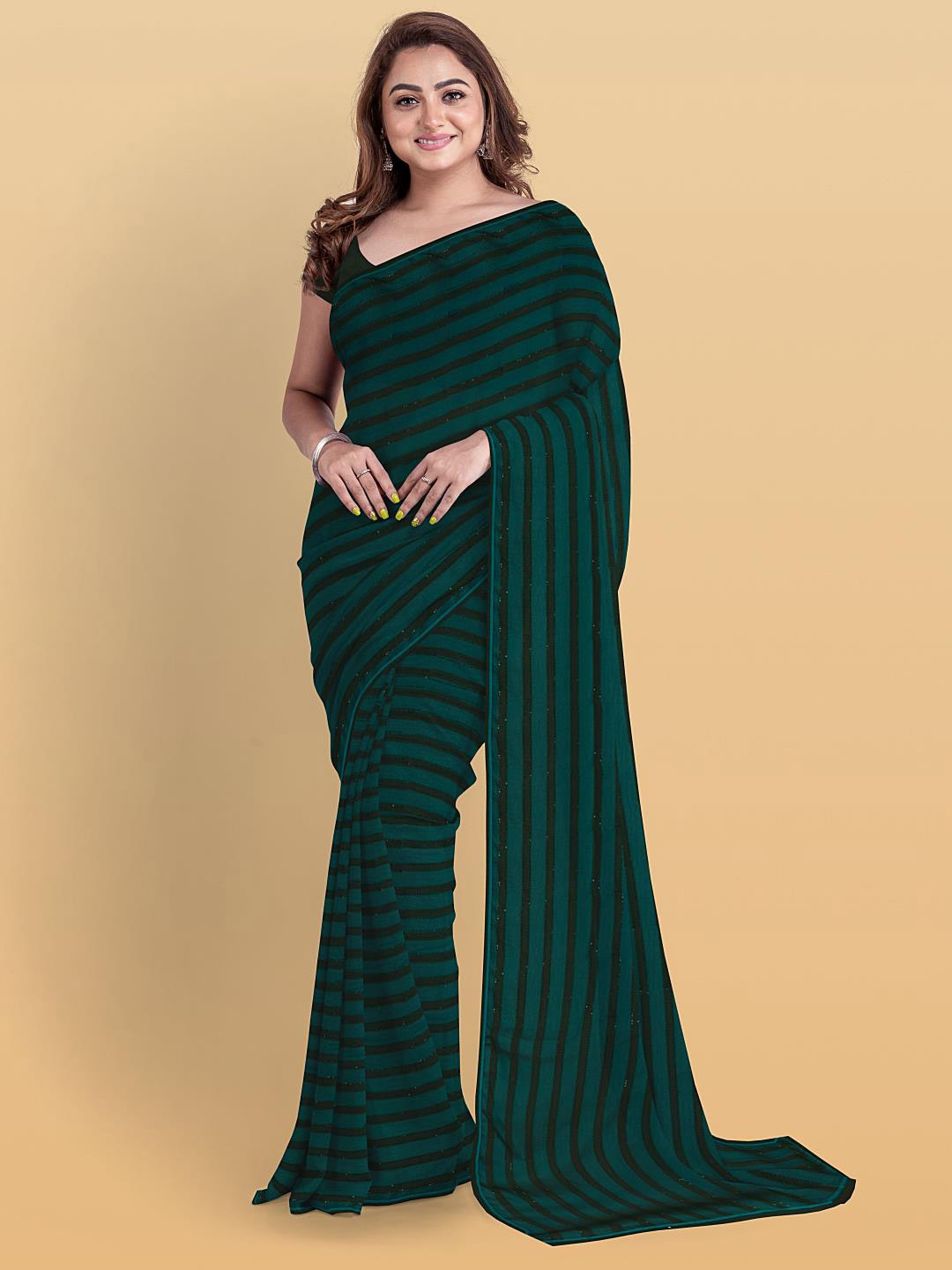 

Kalamandir Striped Embellished Saree, Green