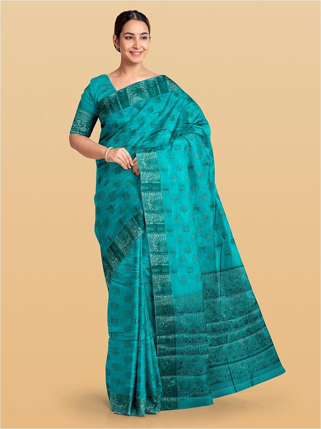 

Kalamandir Ethnic Motif Woven Design Zari Pashmina Saree, Teal