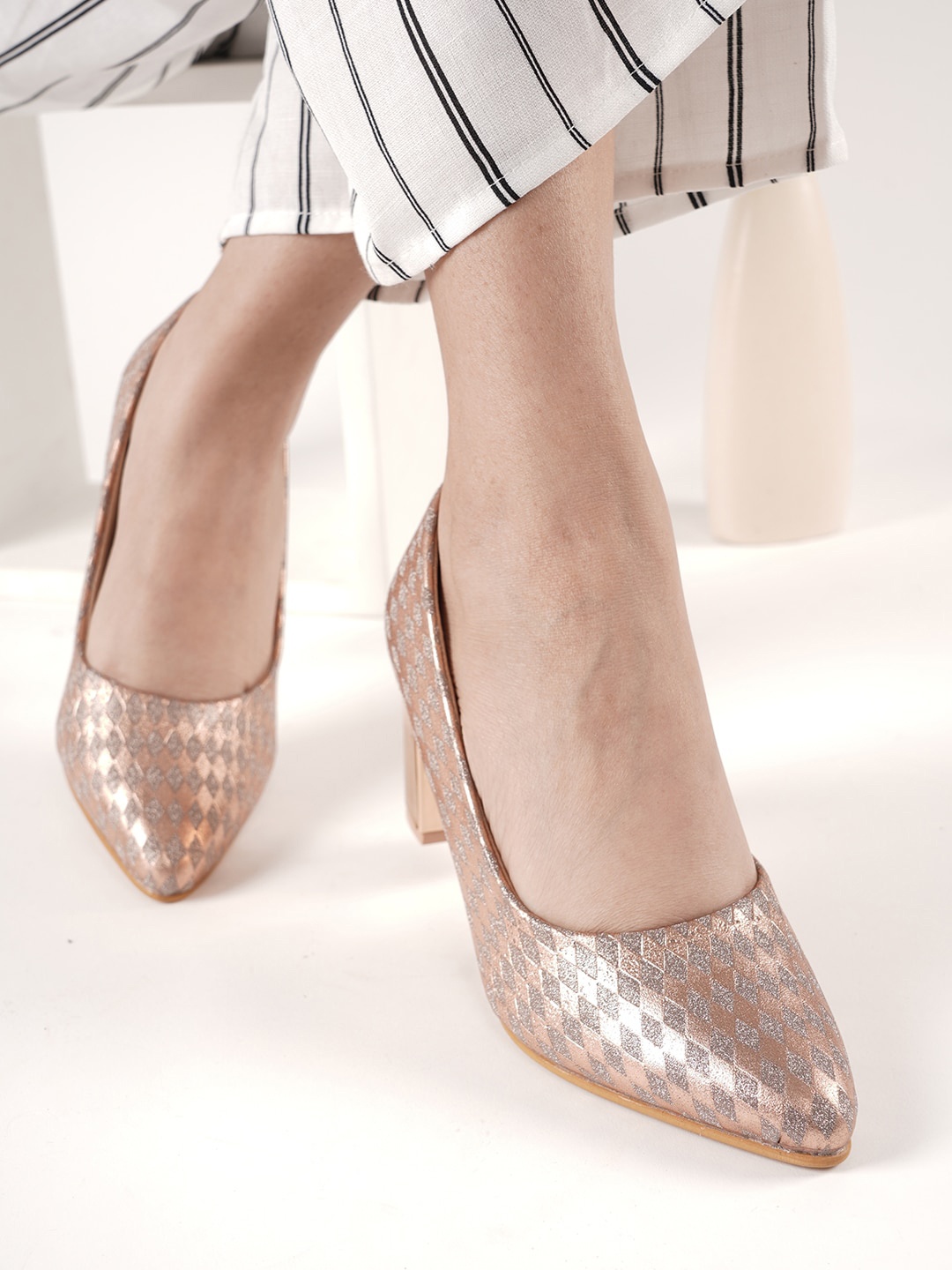 

DressBerry Rose Gold-Toned Embellished Block Heel Pumps