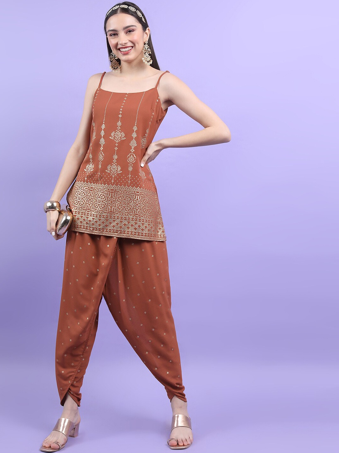 Vishudh Rust Ethnic Motifs Printed Regular Kurta with Dhoti Pants