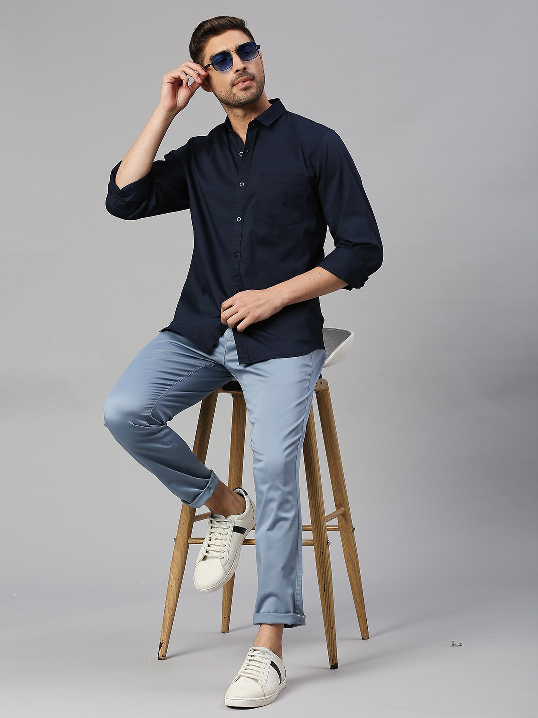 

Mast & Harbour Navy Blue Spread Collar Slim Fit Casual Shirt