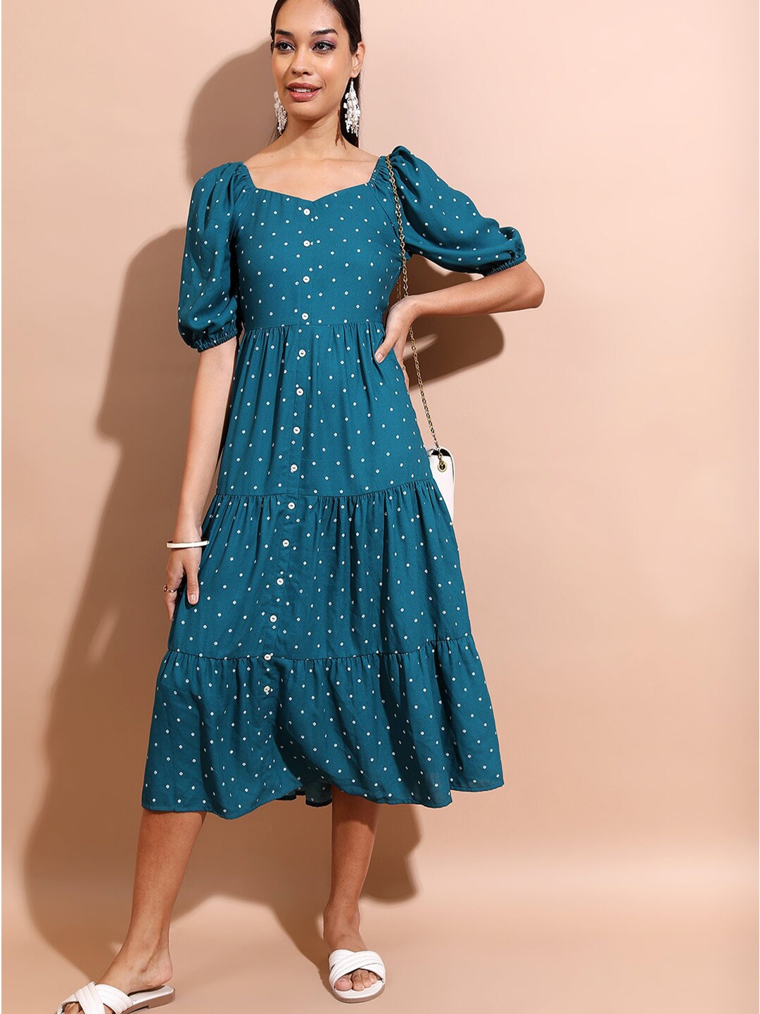 

Vishudh Printed Polka Dot Printed Sweetheart Neck Tiered A-Line Midi Dress, Teal