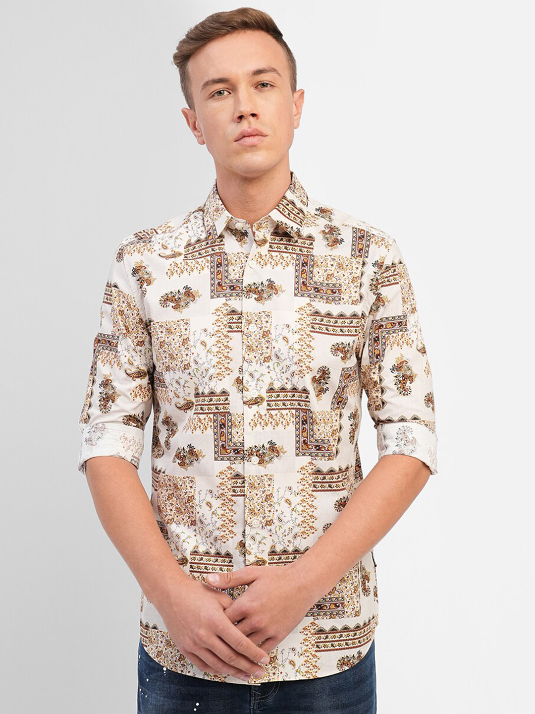 

Jack & Jones Slim Fit Floral Printed Cotton Casual Shirt, Beige