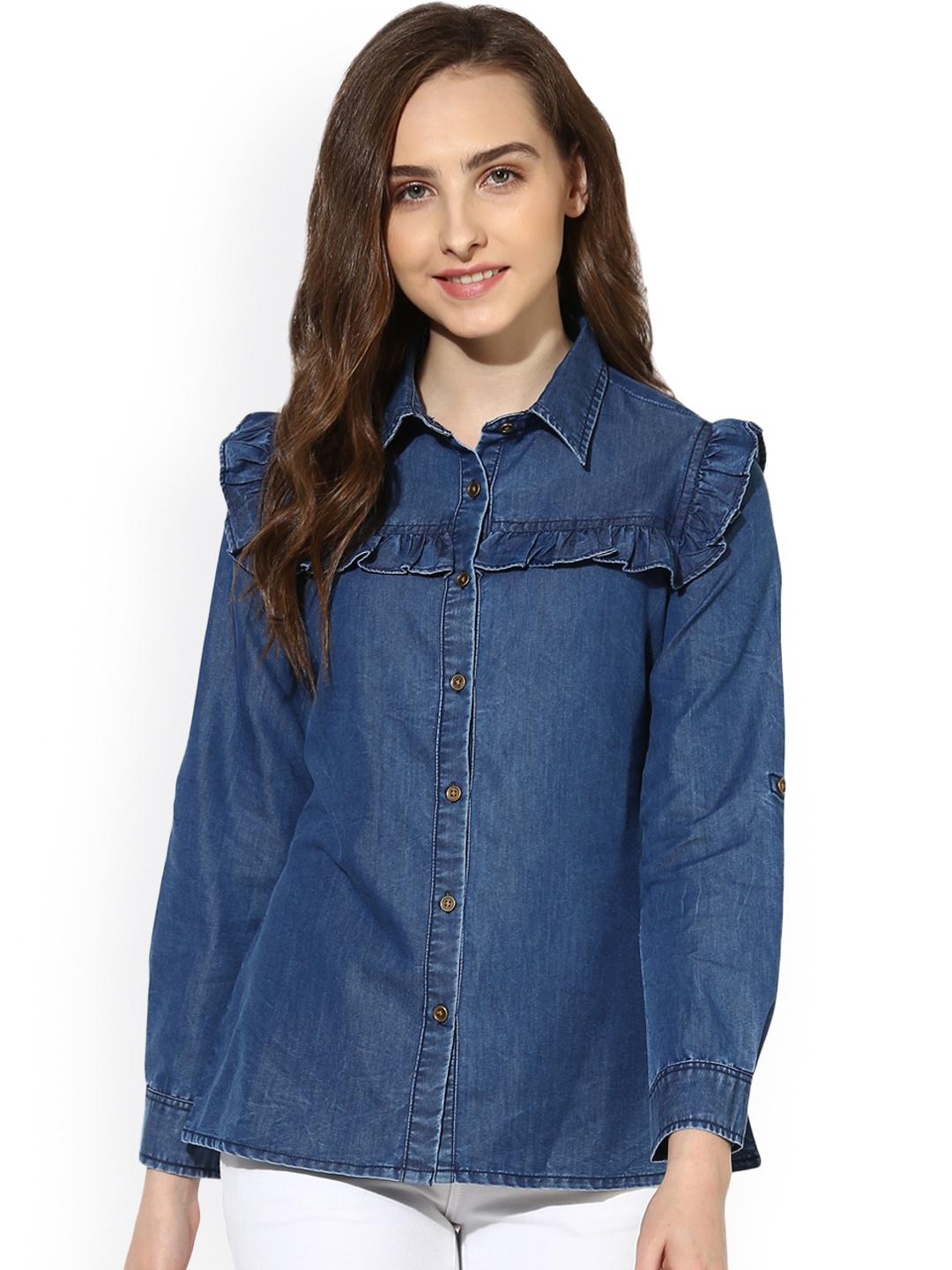 

StyleStone Women Blue Solid Denim Shirt Style Top