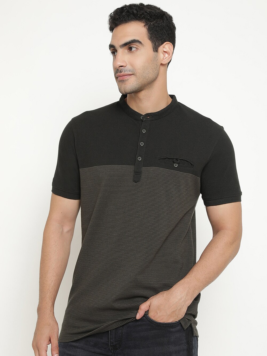 Octave Mandarin Collar Short Sleeves Cotton T-shirt, Black