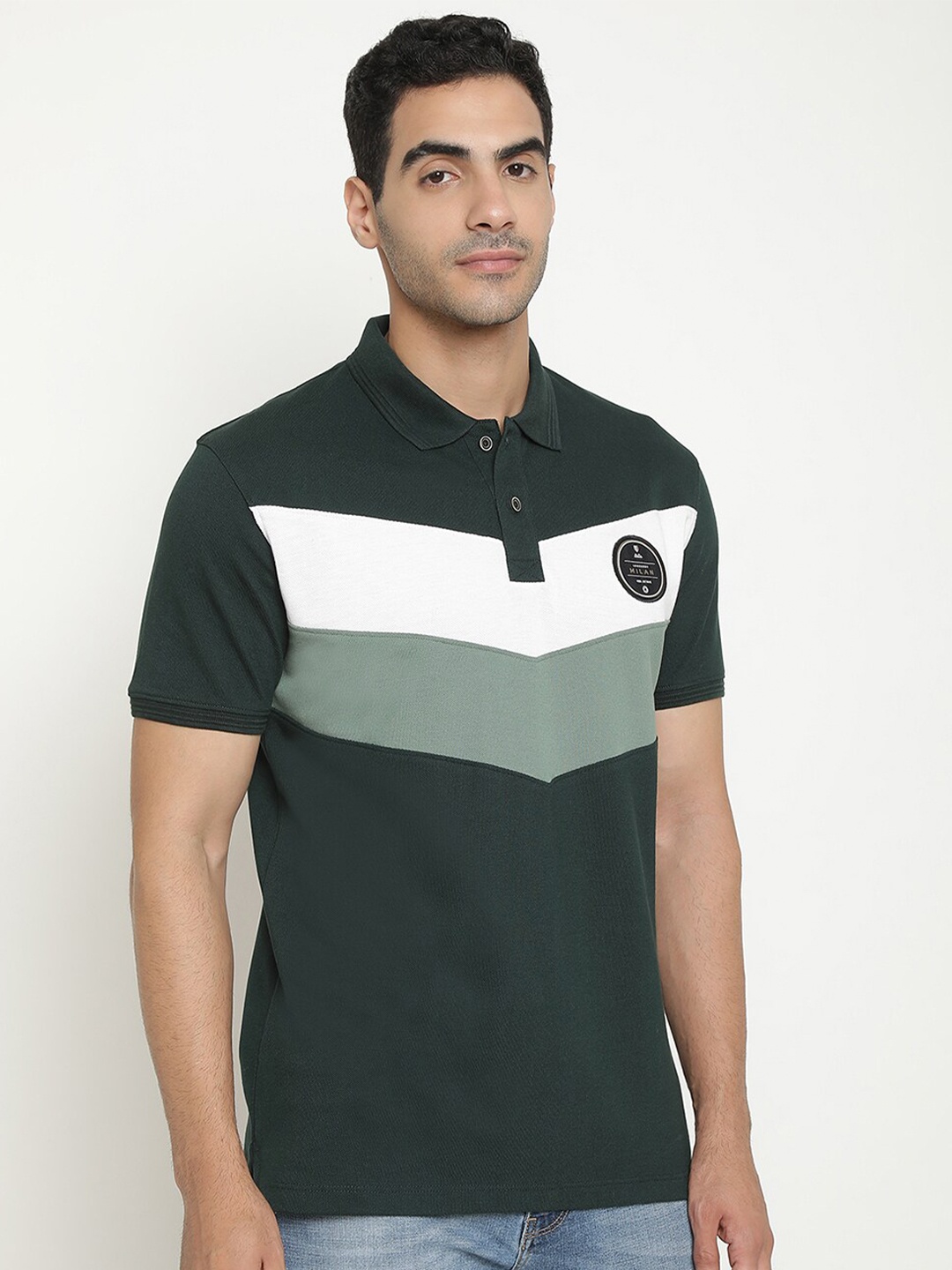 

Octave Colourblocked Polo Collar Cotton T-Shirt, Green