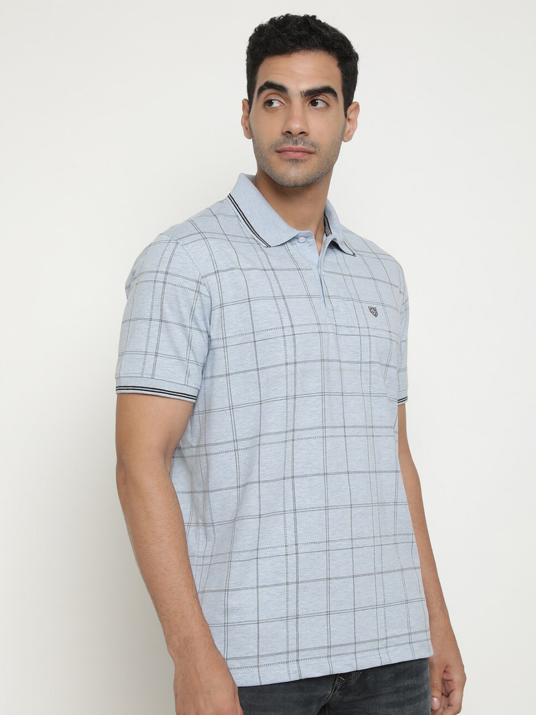 

Octave Checked Polo Collar Short Sleeves Cotton T-Shirt, Blue
