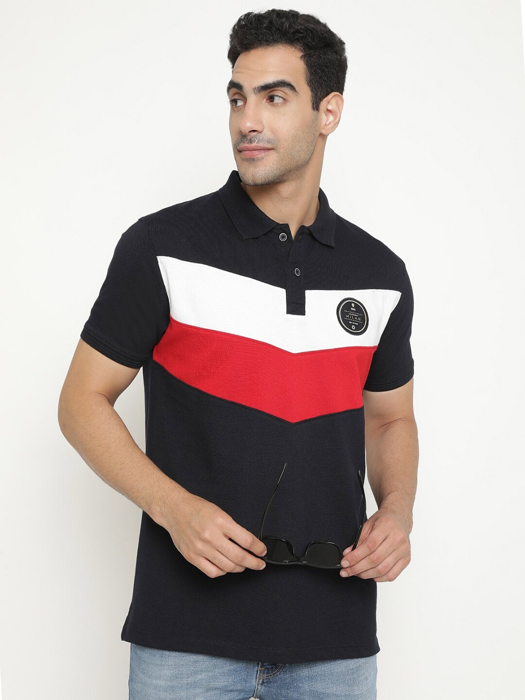 

Octave Colourblocked Polo Collar Short Sleeves Cotton T-Shirt, Navy blue
