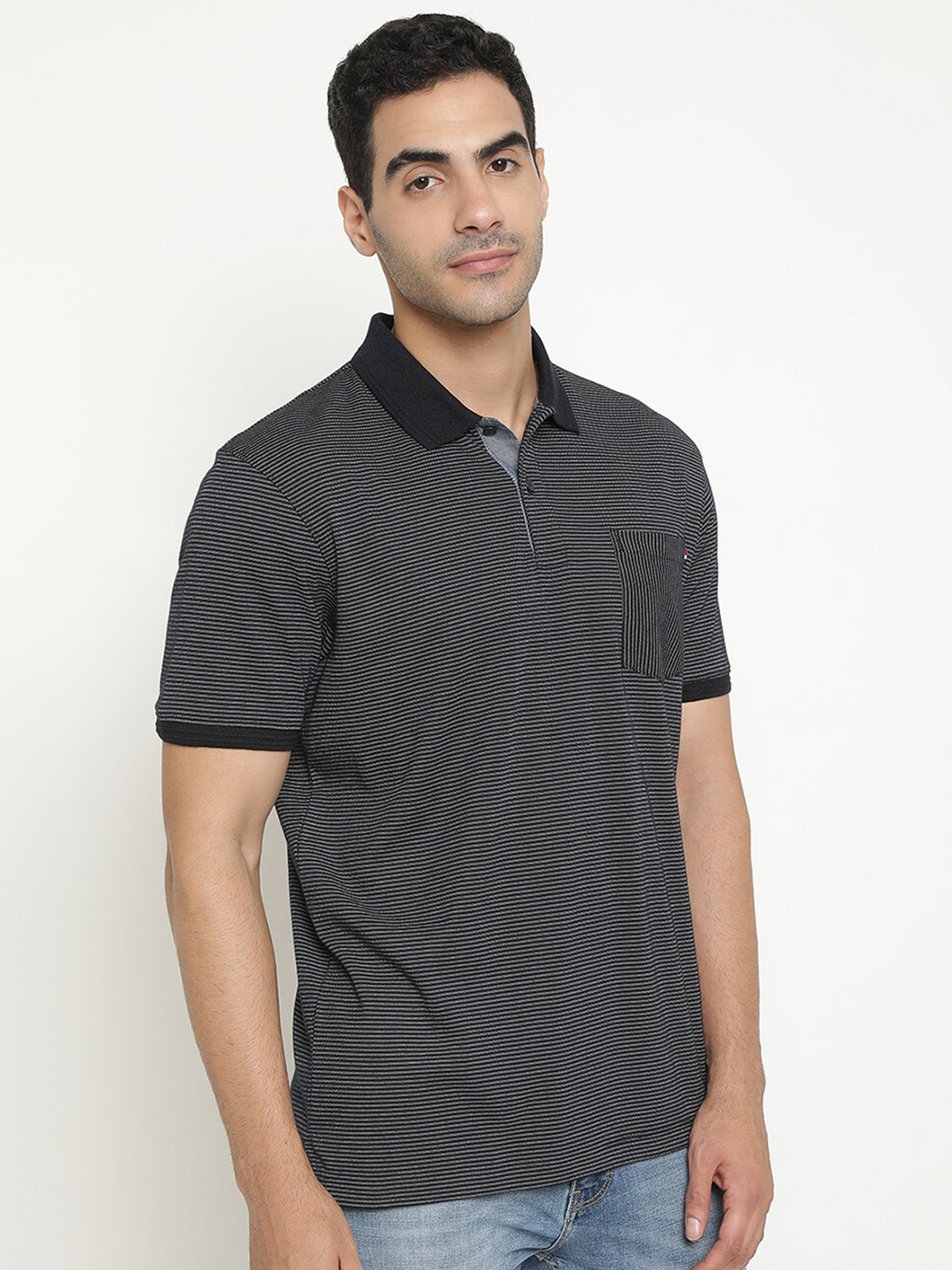 

Octave Striped Polo Collar Short Sleeves Cotton T-Shirt, Navy blue