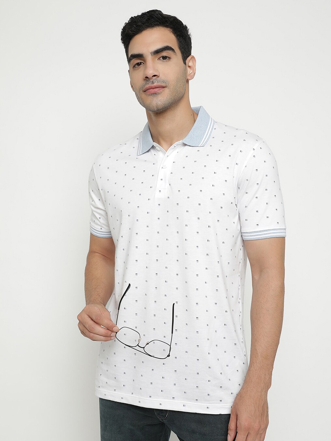 

Octave Geometric Printed Polo Collar Cotton Casual T-Shirt, White