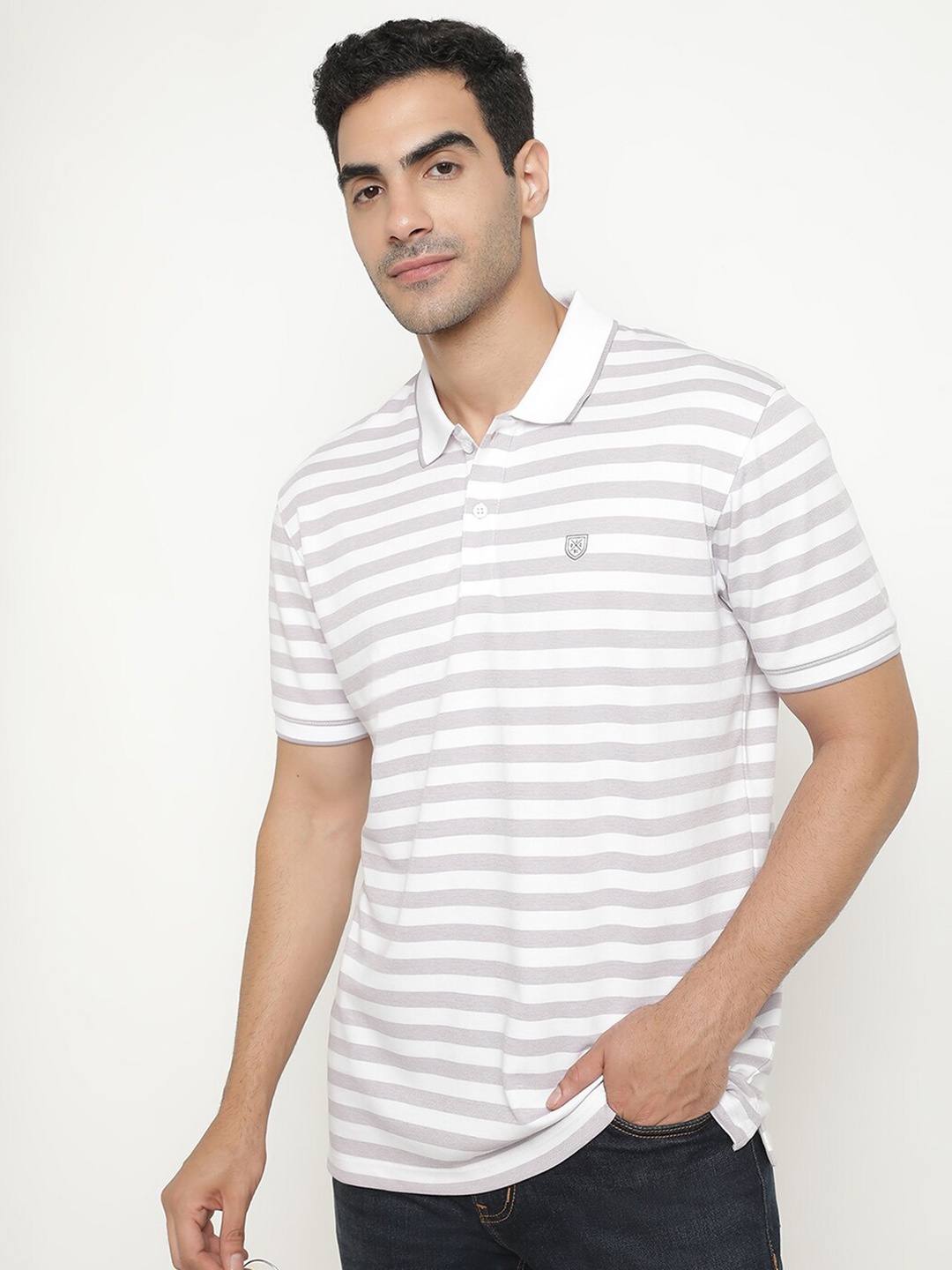 

Octave Striped Polo Collar Cotton T-shirt, Purple