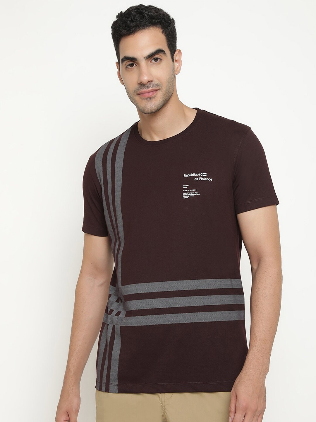 

Octave Striped Round Neck Cotton T-shirt, Maroon