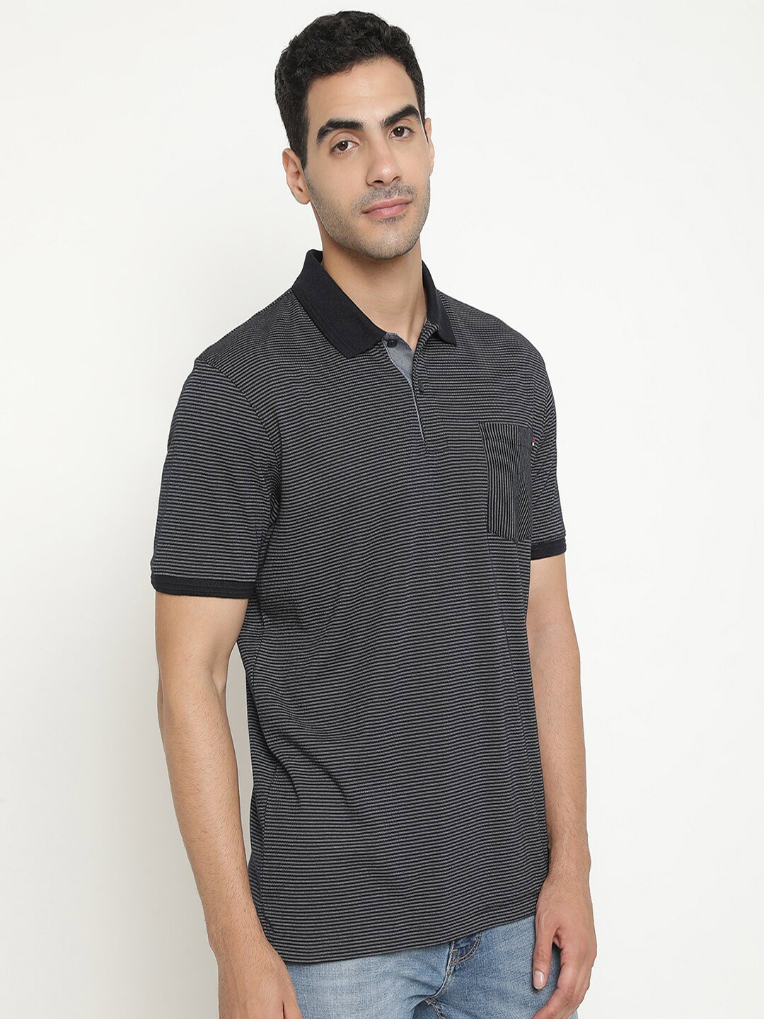 

Octave Striped Polo Collar Cotton T-shirt, Navy blue