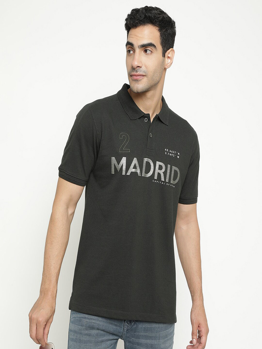 

Octave Typography Printed Polo Collar Cotton Casual T-Shirt, Black