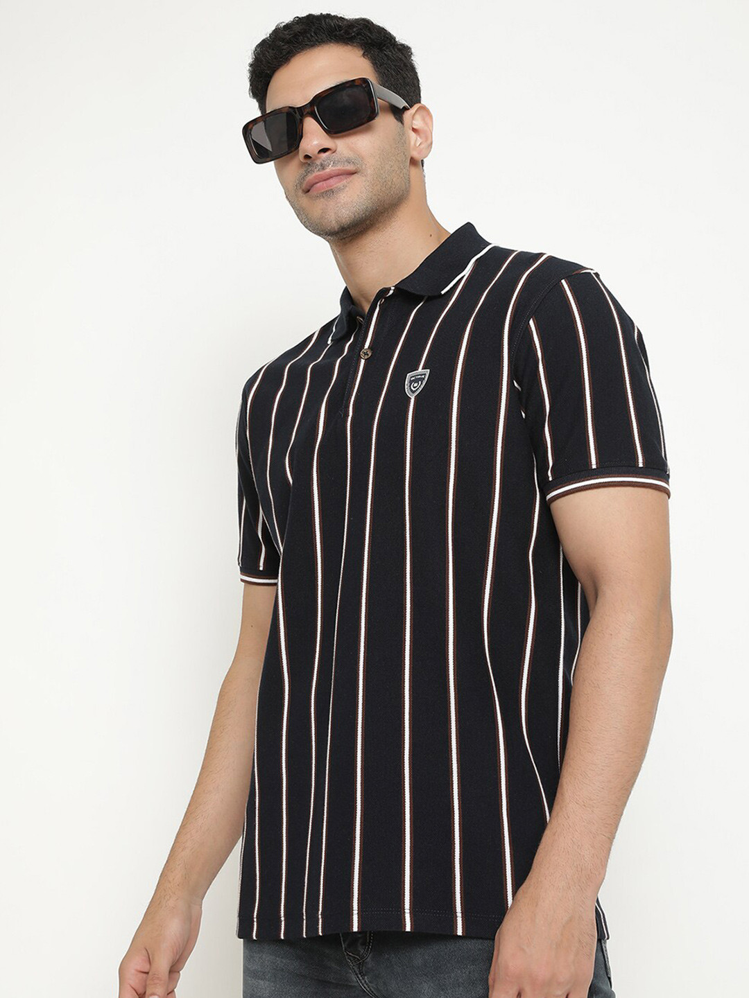 

Octave Striped Polo Collar Cotton T-shirt, Navy blue