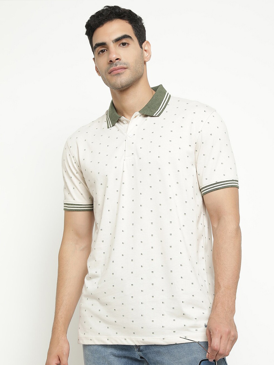 

Octave Geometric Printed Polo Collar Cotton T-shirt, Cream