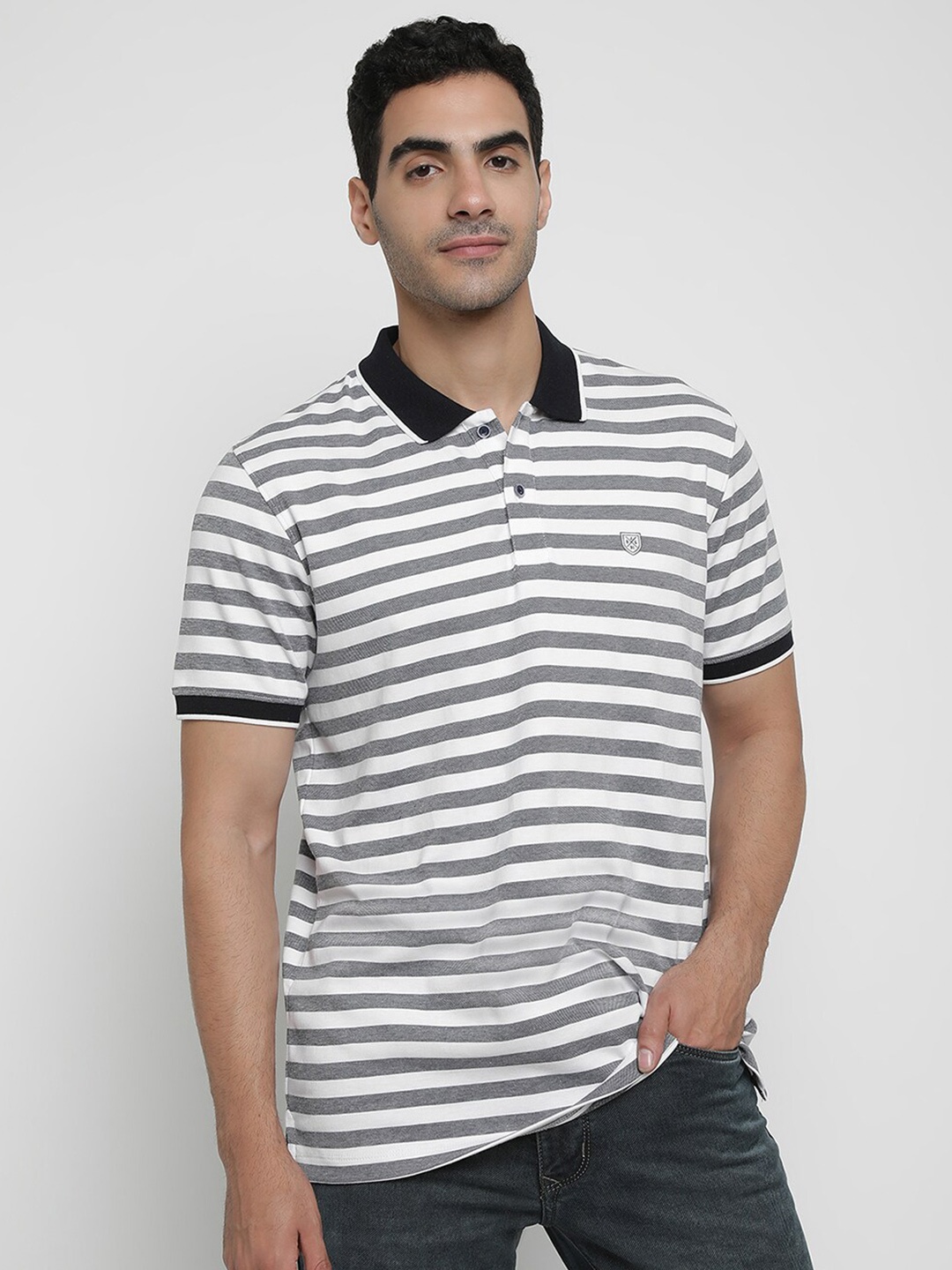 

Octave Horizontal Striped Polo Collar Cotton Casual T-Shirt, Navy blue