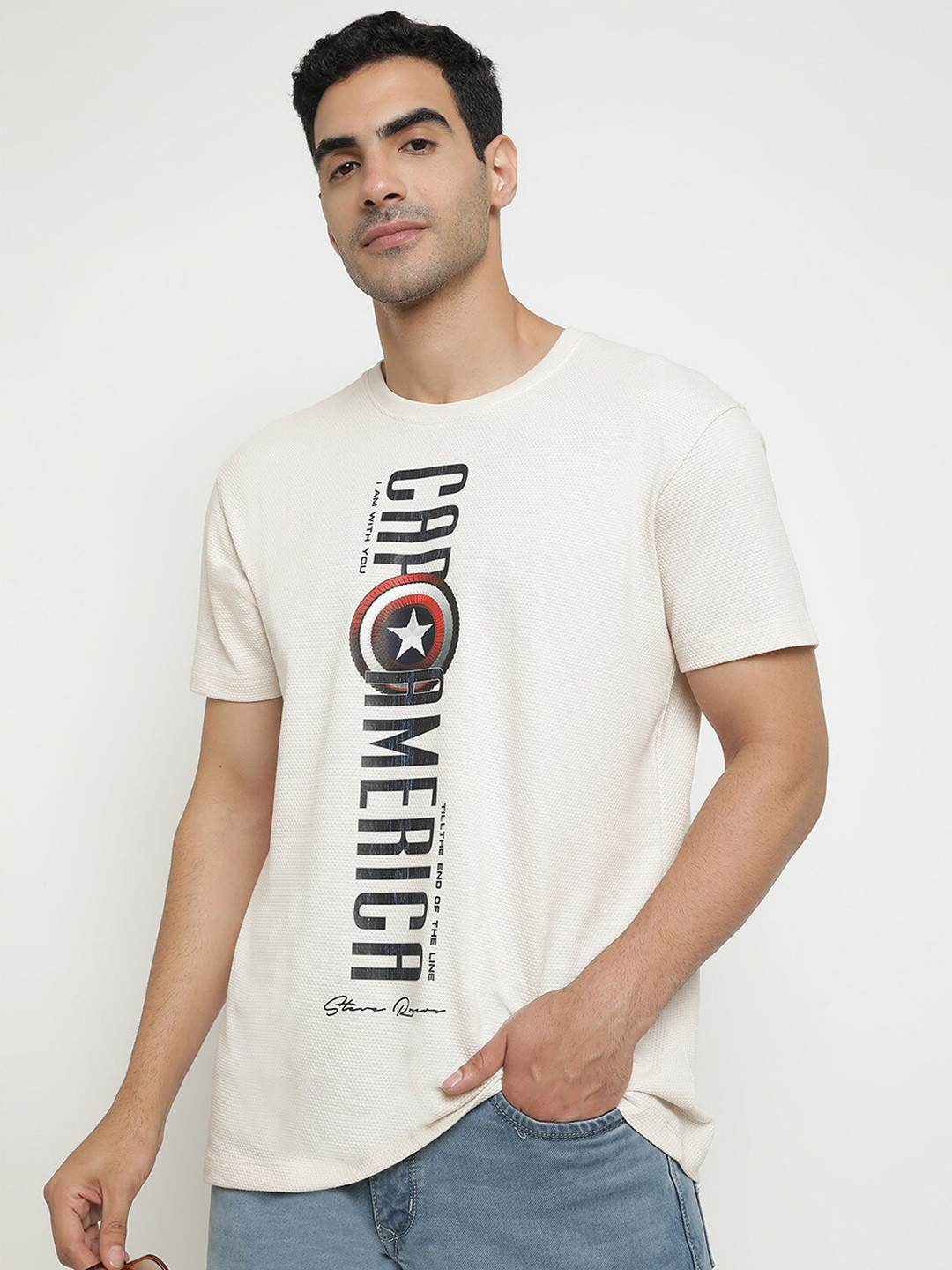 

Octave Typography Captain America Printed Short Sleeves Cotton T-shirt, Cream