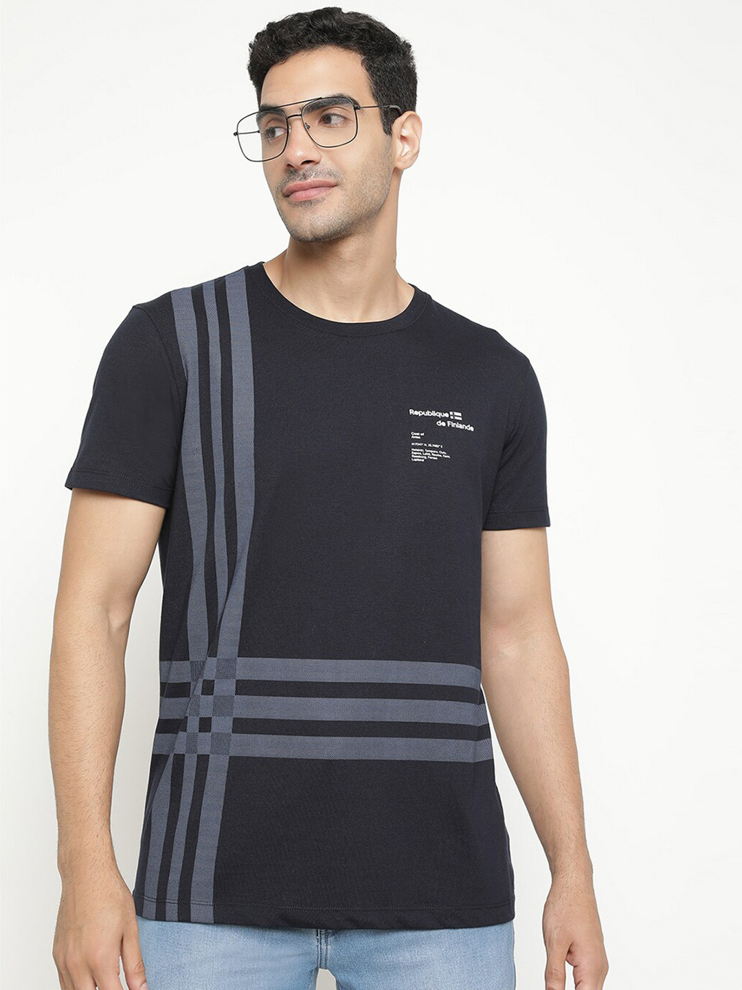 

Octave Striped Cotton T-Shirt, Navy blue