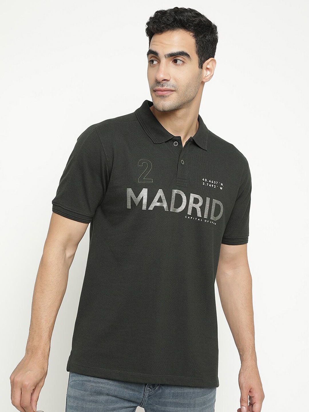 

Octave Typography Printed Polo Collar Cotton Casual T-Shirt, Black
