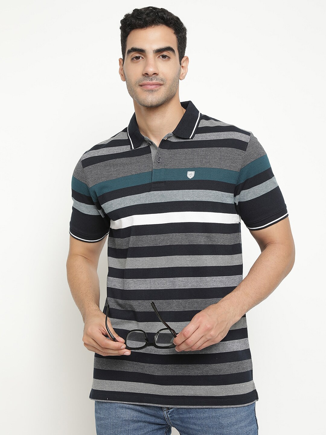 

Octave Striped Polo Collar Cotton T-shirt, Grey