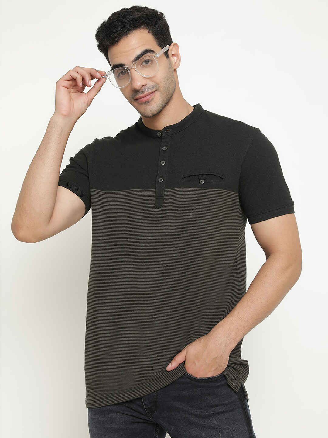 

Octave Striped Mandarin Collar Cotton T-Shirt, Olive
