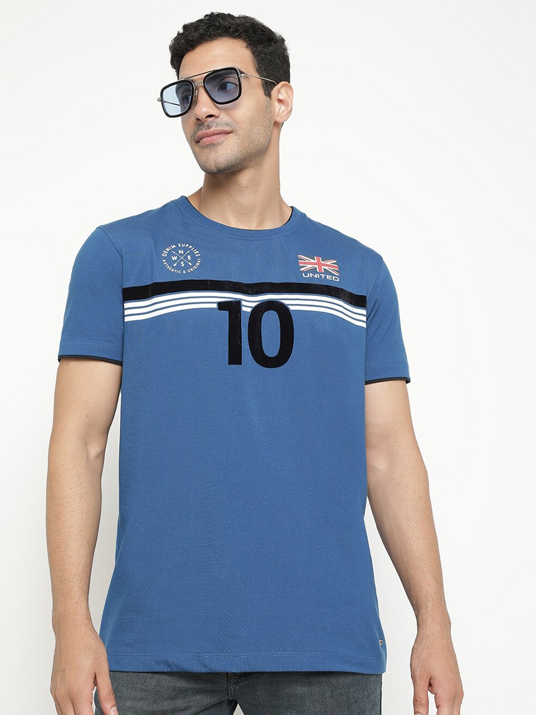 Octave Typography Printed Round Neck Cotton T-shirt, Blue