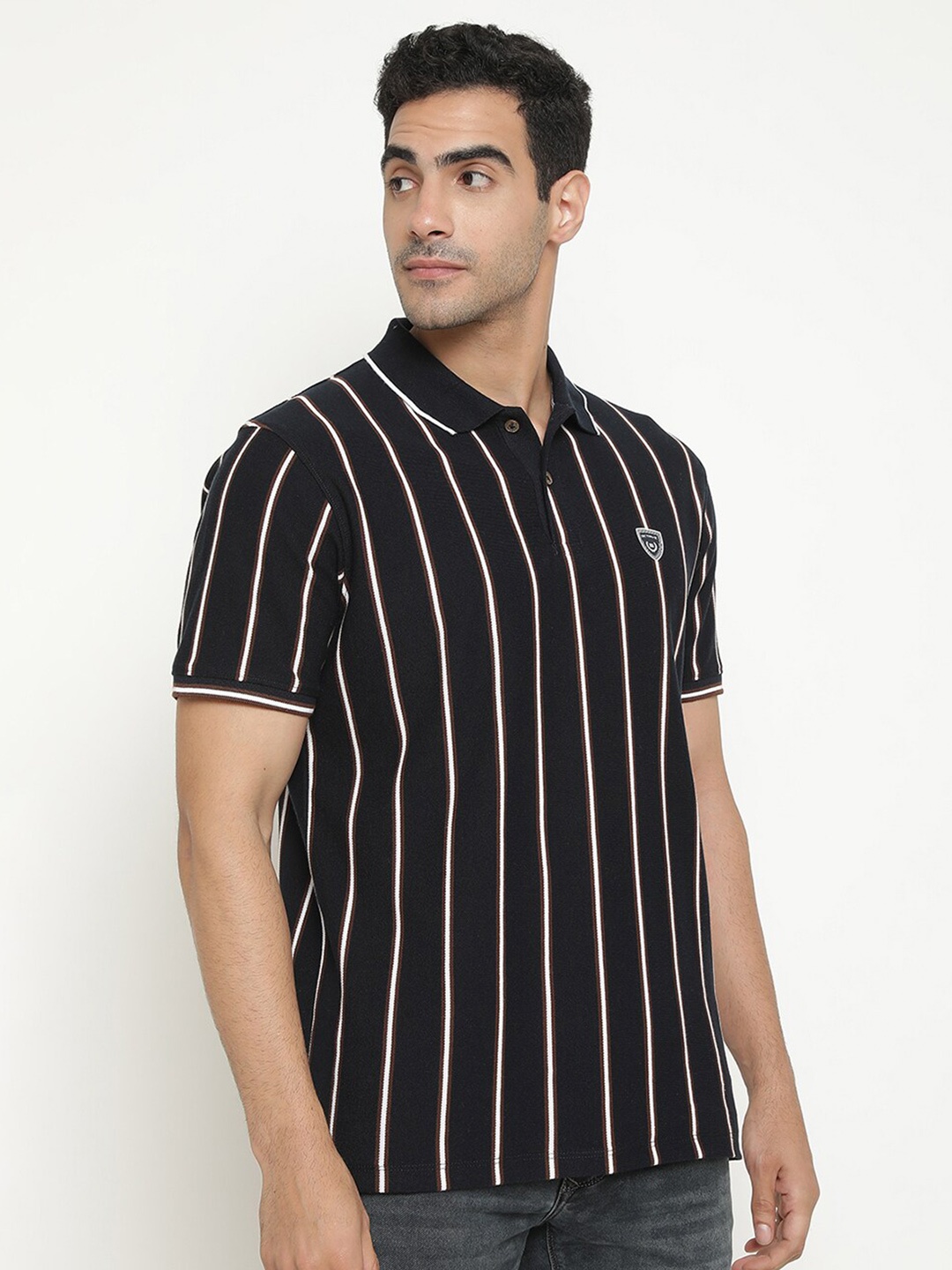 

Octave Striped Polo Collar Cotton T-Shirt, Navy blue