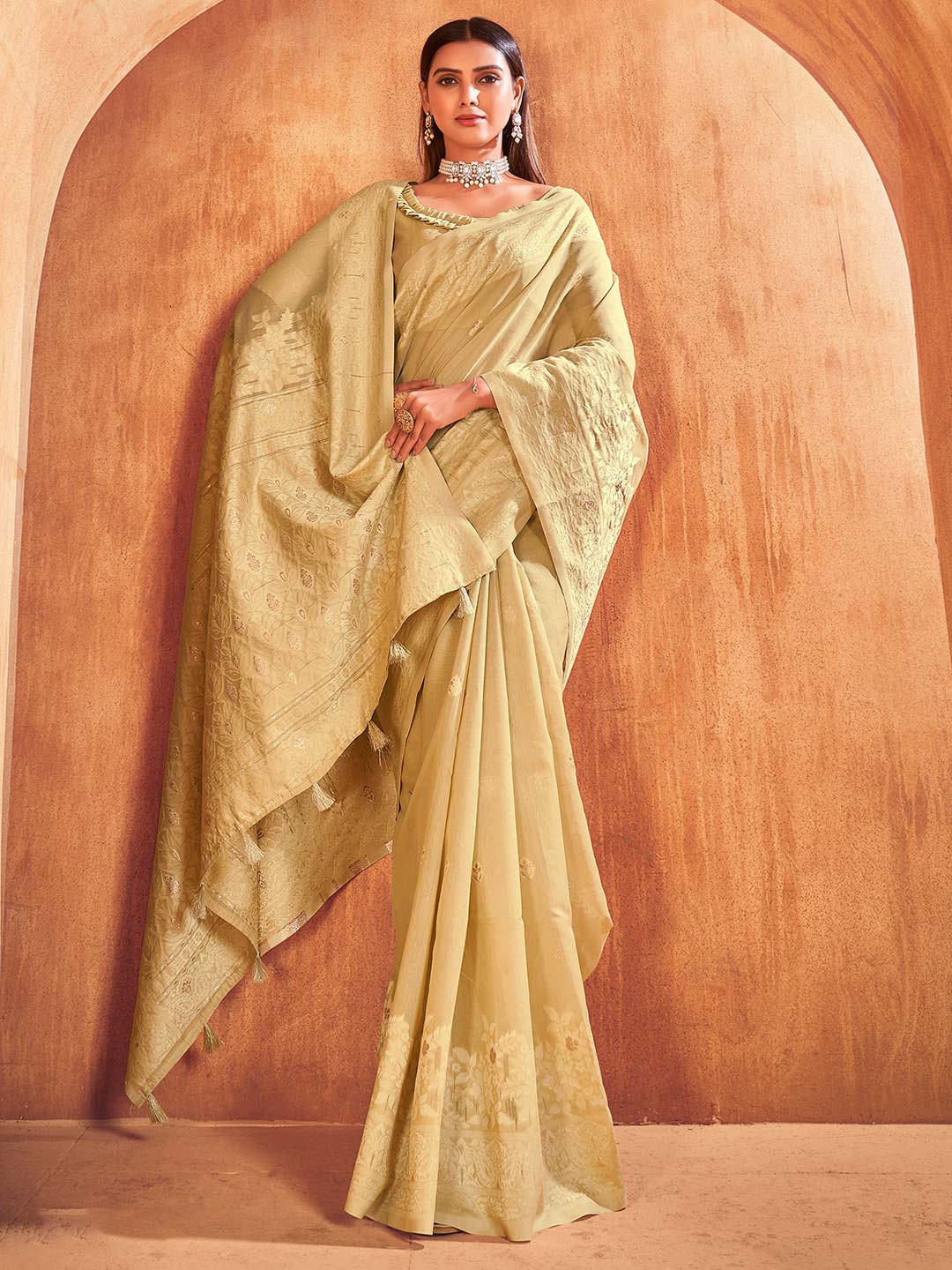 

KARAGIRI Floral Woven Design Zari Cotton Saree, Beige