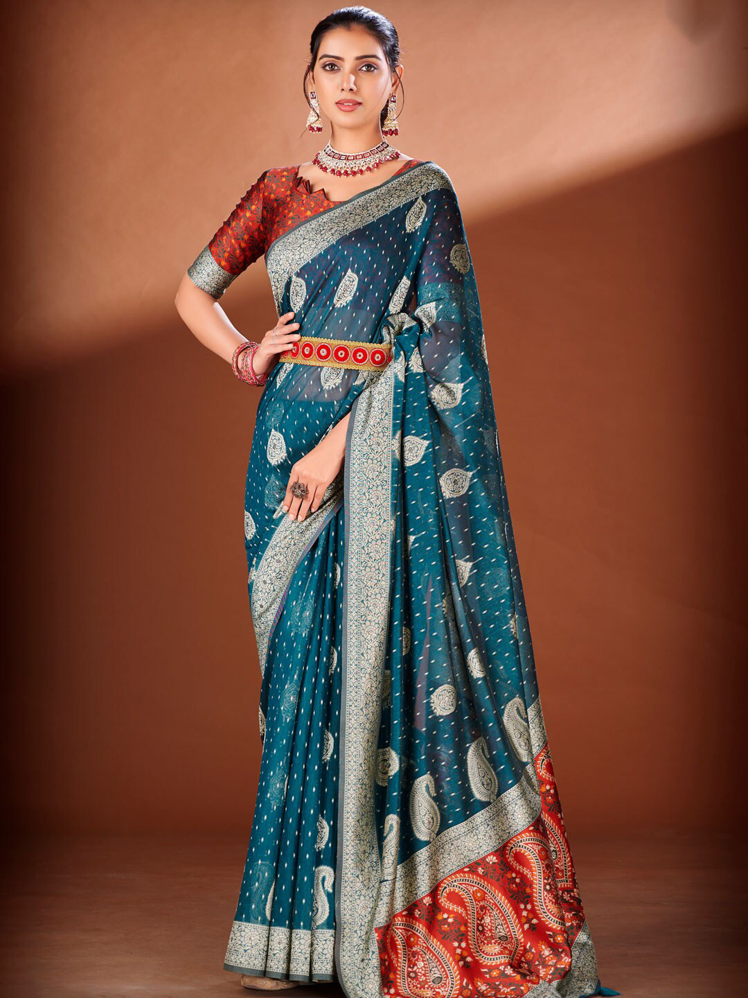 

KARAGIRI Ethnic Motif Woven Design Zari Cotton Saree, Blue