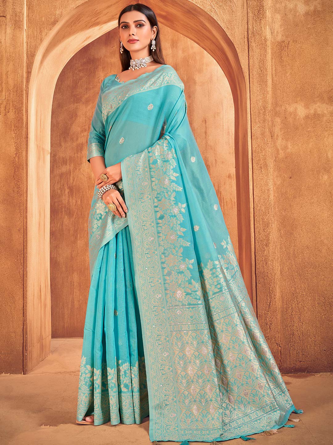 

KARAGIRI Floral Woven Design Zari Cotton Saree, Blue