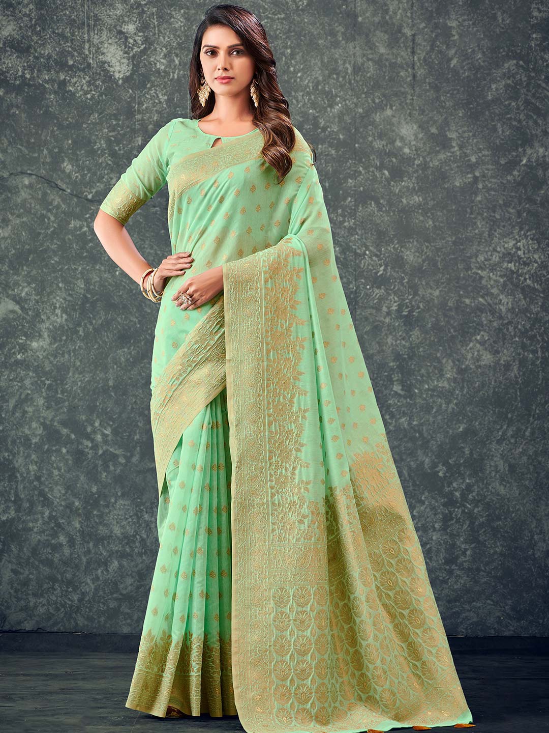 

KARAGIRI Floral Woven Design Zari Cotton Saree, Green