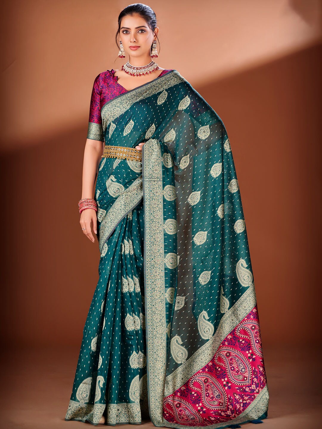 

KARAGIRI Ethnic Motif Woven Design Zari Cotton Saree, Blue