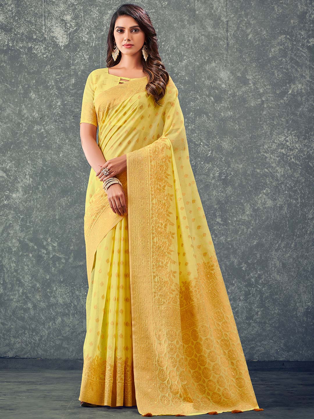

KARAGIRI Floral Woven Design Zari Cotton Saree, Yellow