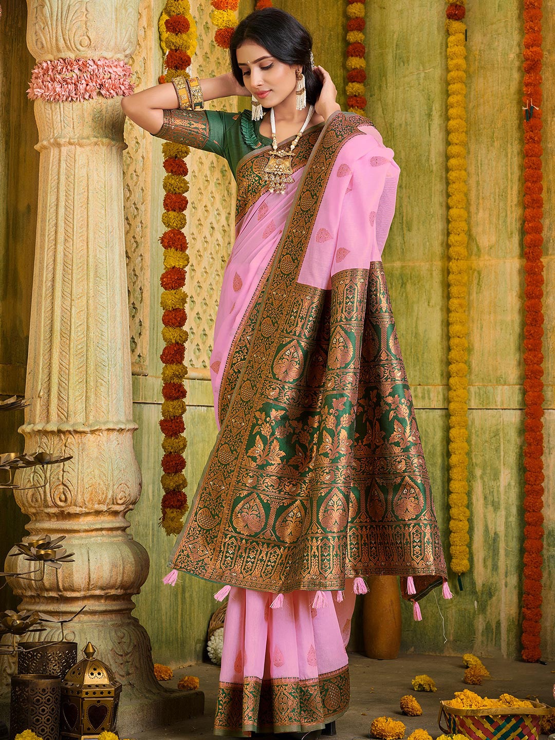 

KARAGIRI Ethnic Motifs Woven Design Zari Saree, Pink