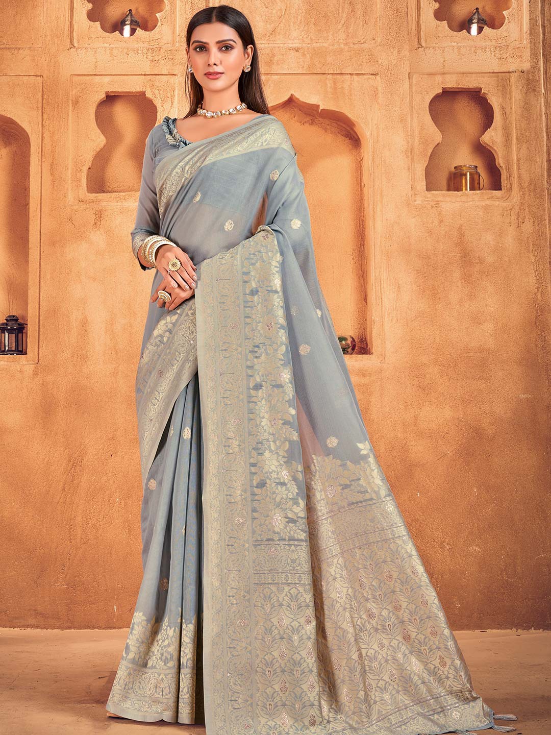

KARAGIRI Floral Woven Design Zari Cotton Saree, Grey