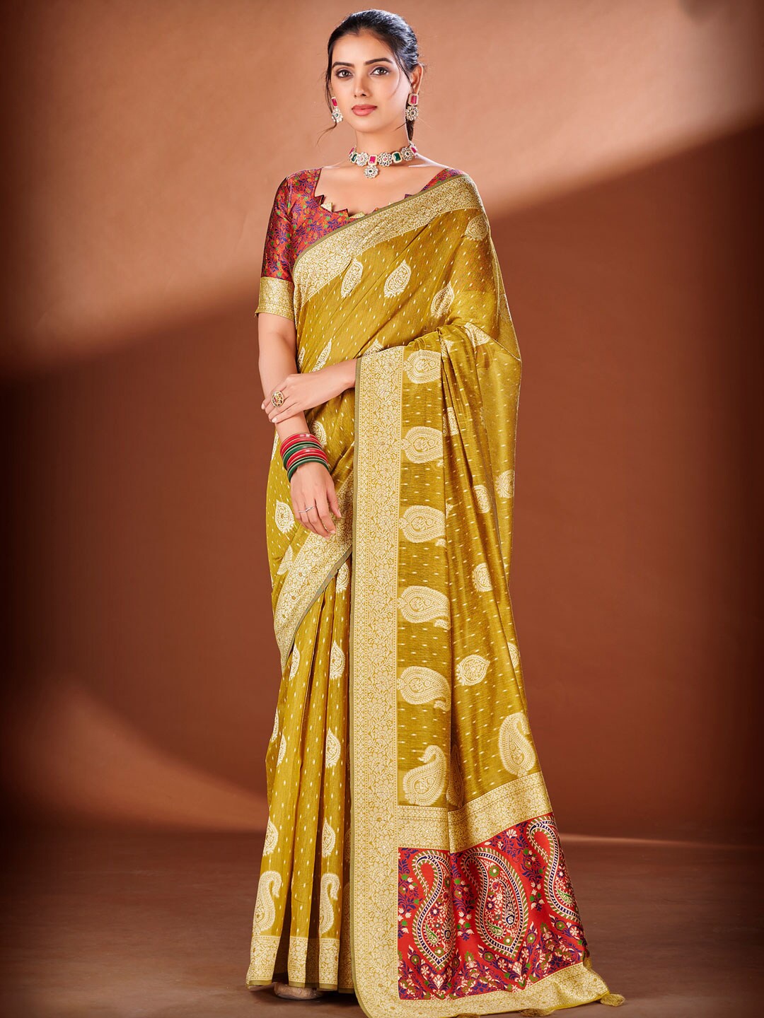 

KARAGIRI Ethnic Motif Woven Design Zari Cotton Saree, Yellow