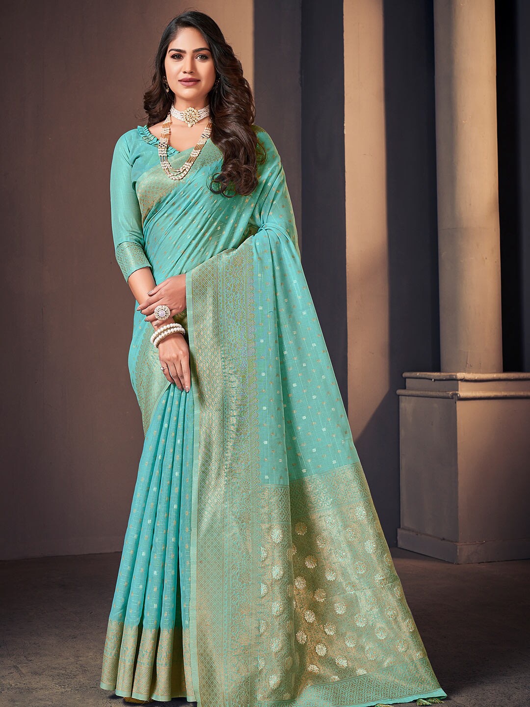 

KARAGIRI Ethnic Motif Cotton Blend Zari Saree With Blouse Piece, Blue