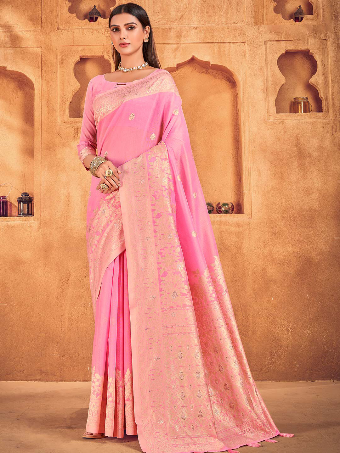 

KARAGIRI Ethnic Motifs Woven Design Zari Saree, Pink