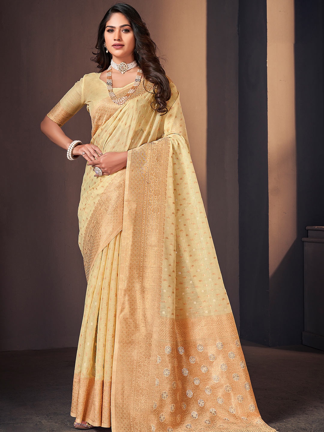 

KARAGIRI Ethnic Motif Woven Design Zari Cotton Saree, Beige