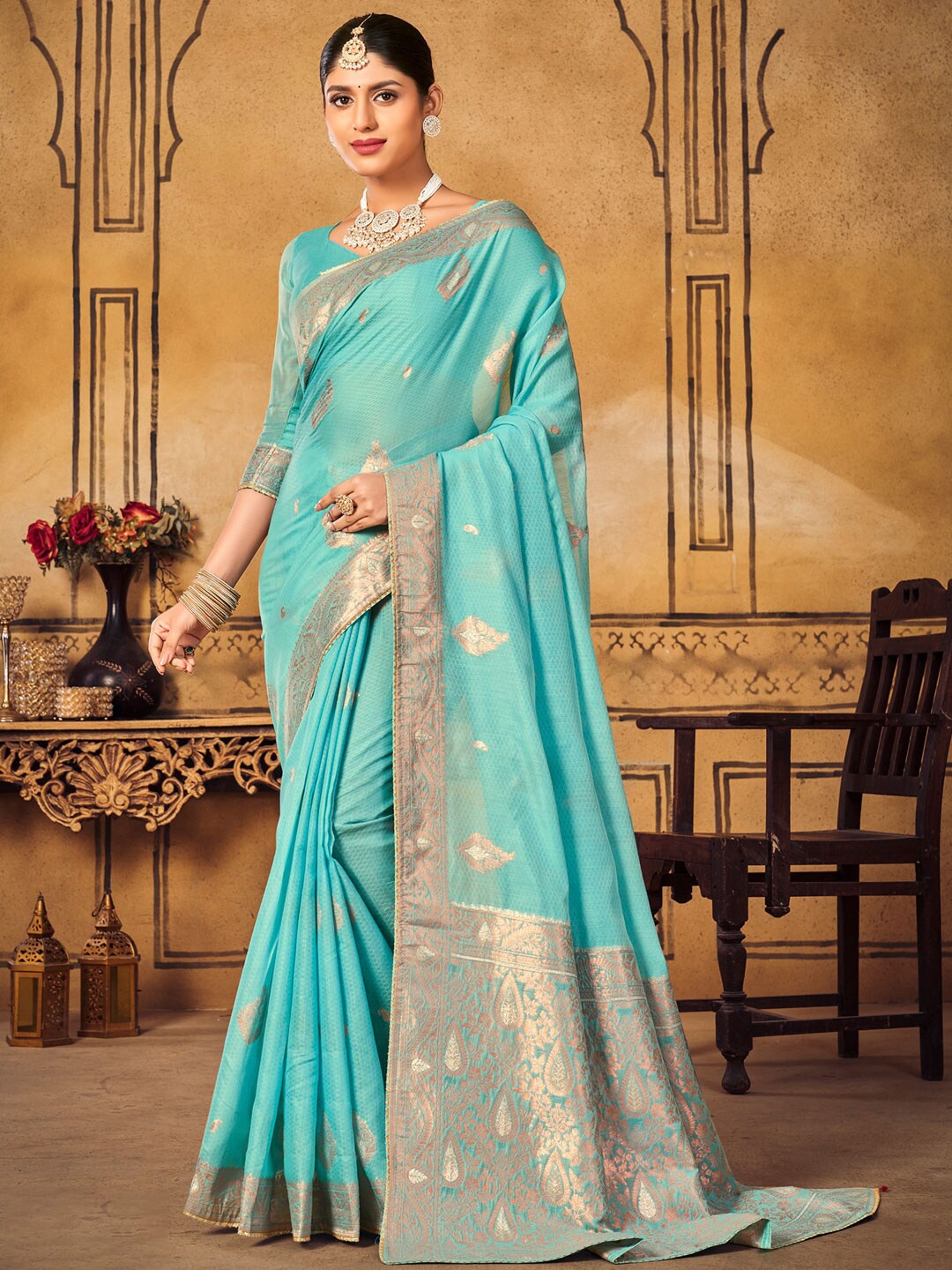 

KARAGIRI Ethnic Motif Woven Design Zari Cotton Saree, Blue