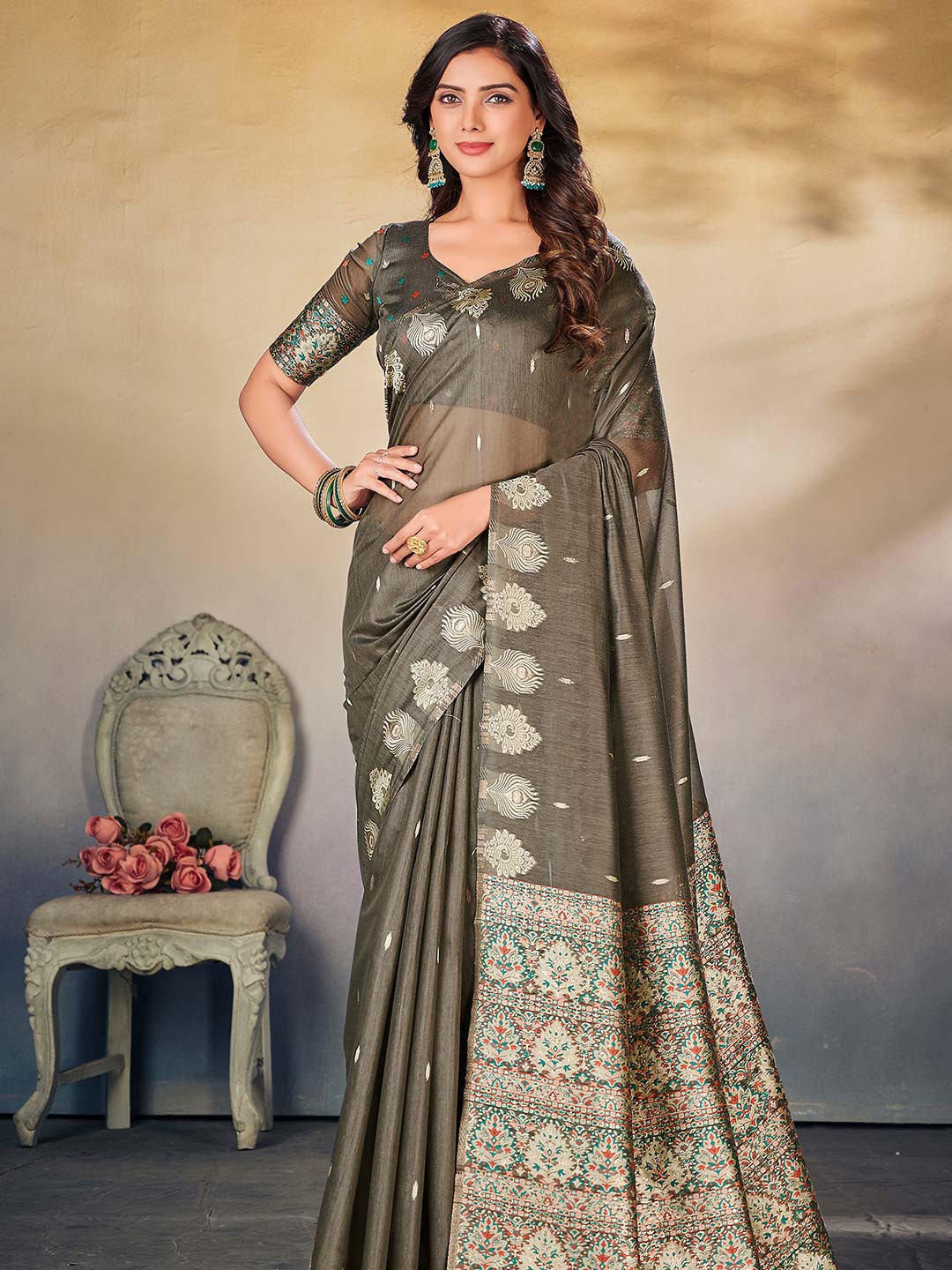 

KARAGIRI Ethnic Motif Woven Design Zari Cotton Saree, Grey
