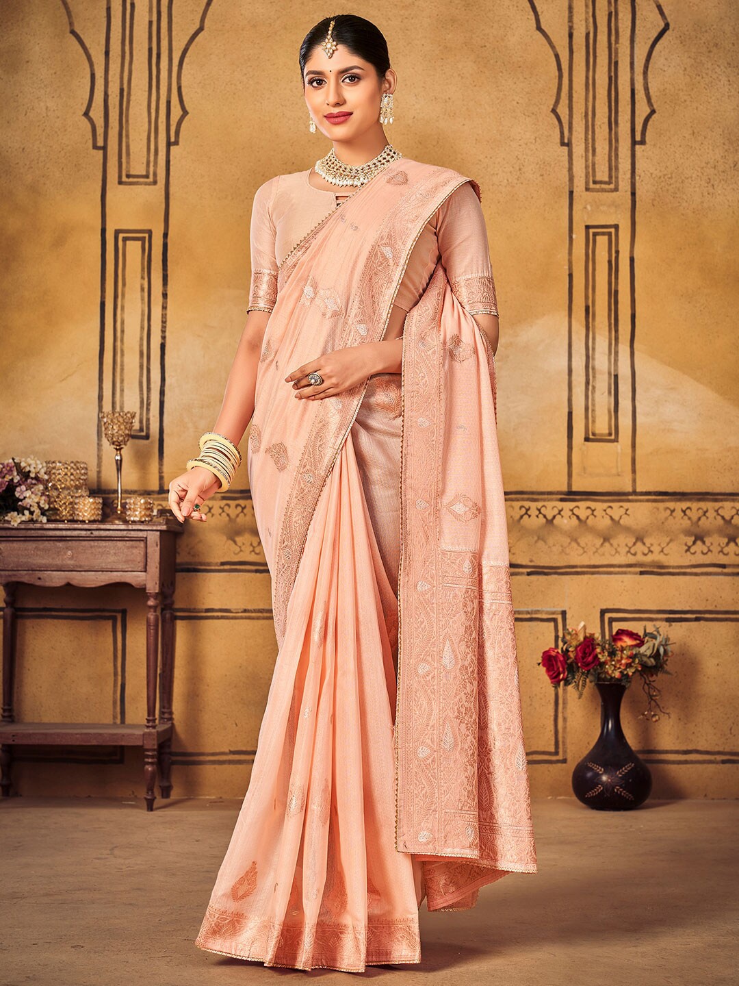 

KARAGIRI Ethnic Motifs Woven Design Zari Saree, Peach