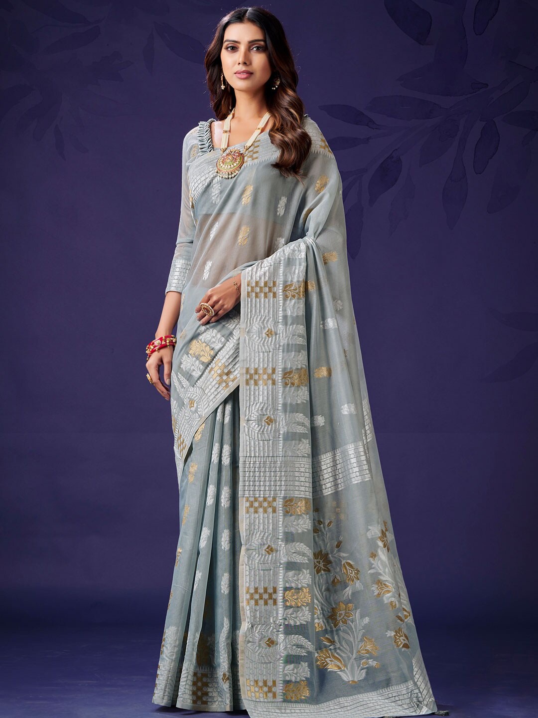 

KARAGIRI Floral Woven Design Zari Cotton Saree, Grey